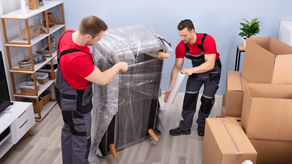 Two movers wrapping a chair with bubble wrap